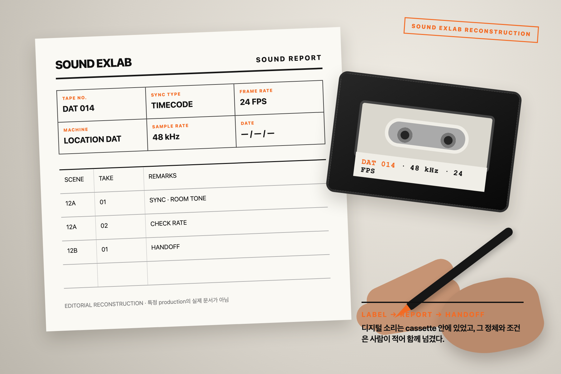 DAT cassette label과 sound report를 대조하는 인계 절차의 SOUND EXLAB 편집 재구성